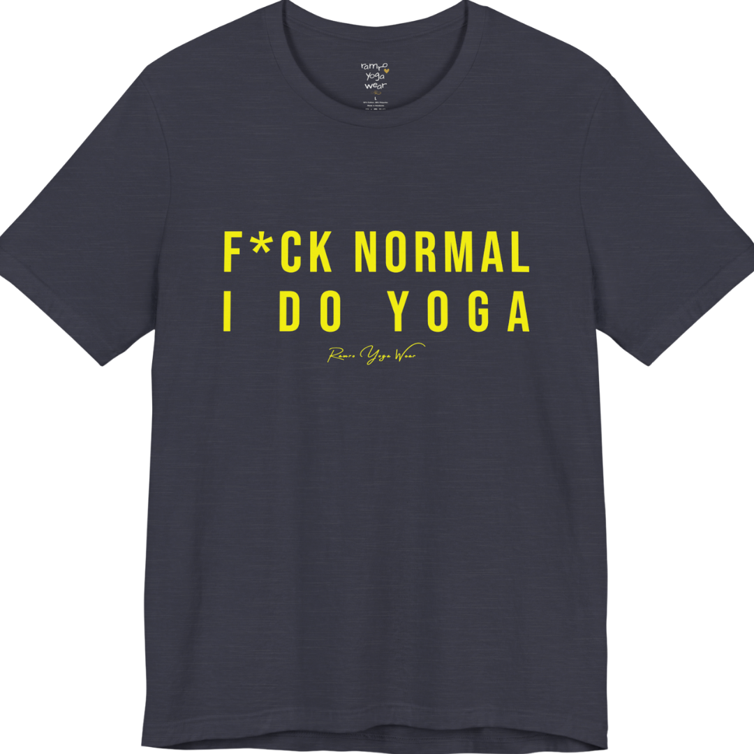 Bold yoga slogan tee in Heather Midnight Navy — Funny Yoga Shirts collection by Ramro Yoga Wear