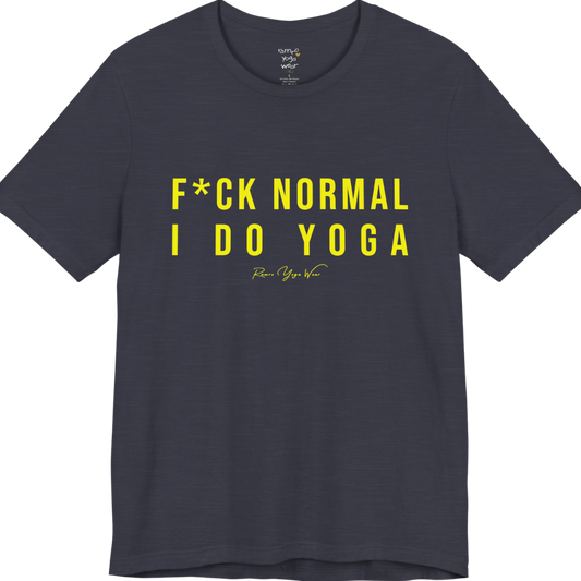 Bold yoga slogan tee in Heather Midnight Navy — Funny Yoga Shirts collection by Ramro Yoga Wear