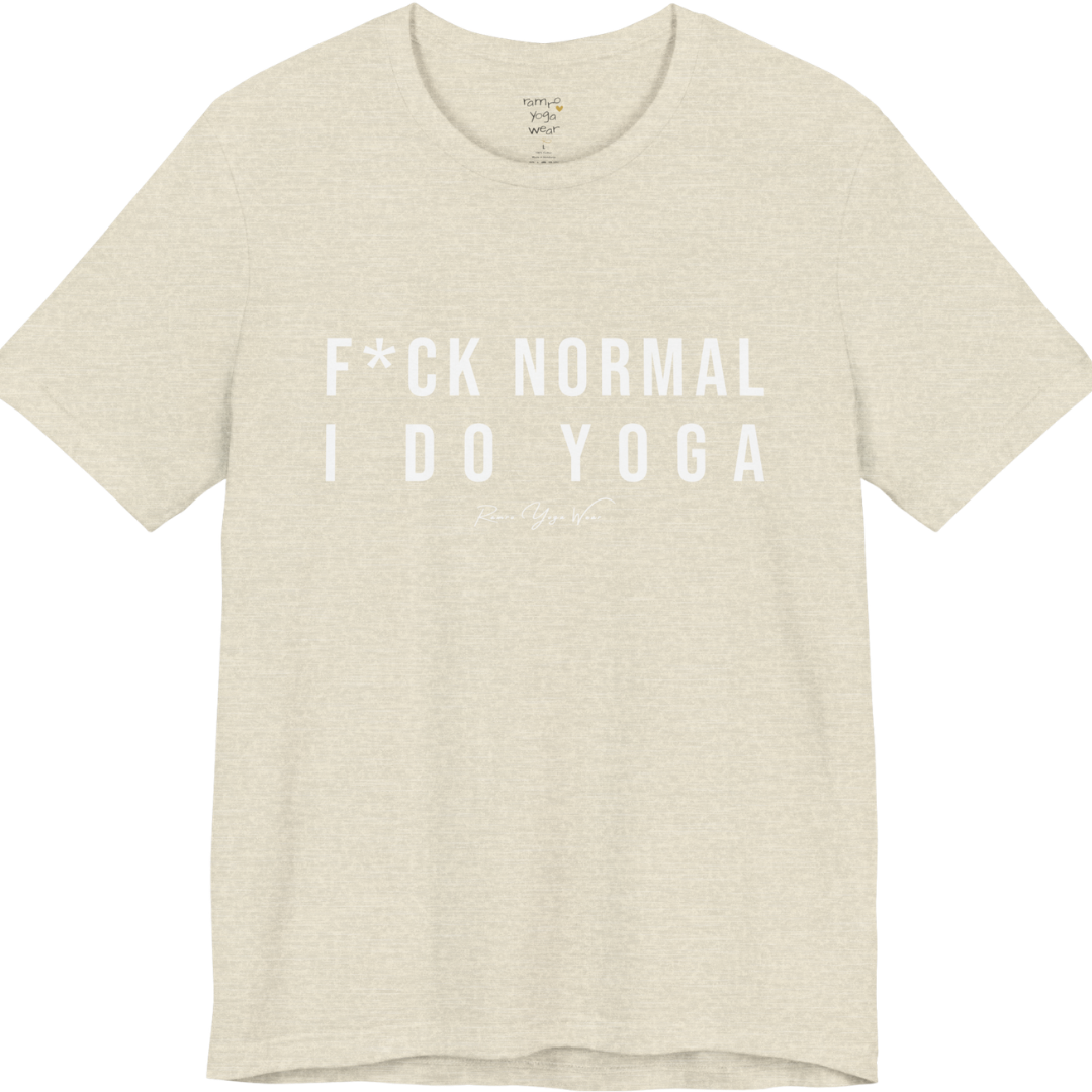 Bold yoga slogan tee in Heather Prism Natural — Funny Yoga Shirts collection by Ramro Yoga Wear