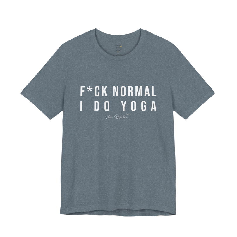 Bold yoga slogan tee in Heather Slate — Funny Yoga Shirts collection by Ramro Yoga Wear