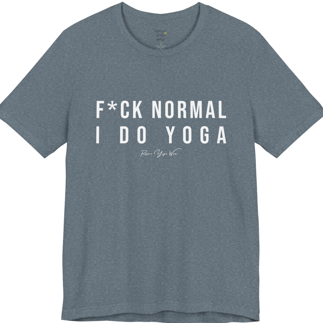 Bold yoga slogan tee in Heather Slate — Funny Yoga Shirts collection by Ramro Yoga Wear