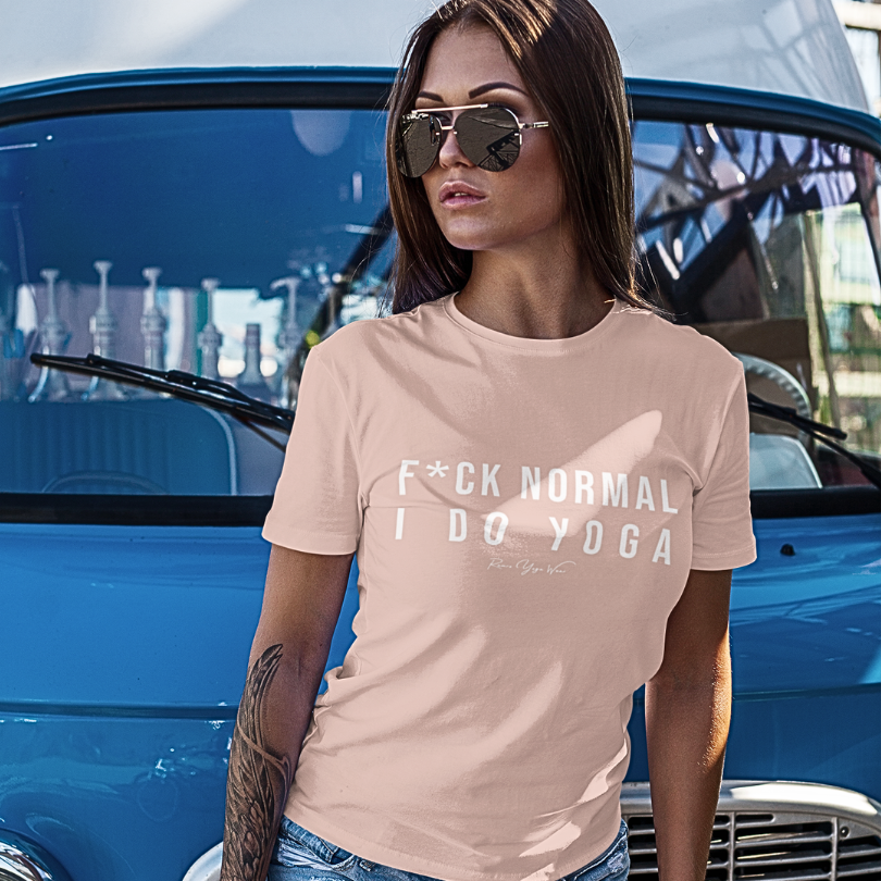 Woman wearing Normal T-Shirt Heather Prism Peach funny yoga shirt by vintage car — Funny Yoga Shirts collection by Ramro Yoga Wear