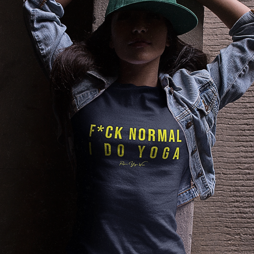 Woman wearing Normal T-Shirt Heather Midnight Navy funny yoga shirt with denim jacket — Funny Yoga Shirts collection by Ramro Yoga Wear