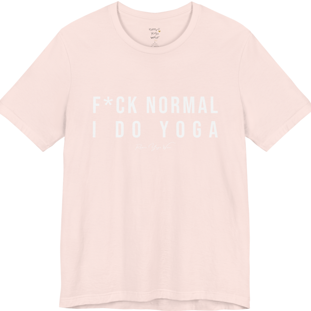Bold yoga slogan tee in Soft Pink — Funny Yoga Shirts collection by Ramro Yoga Wear