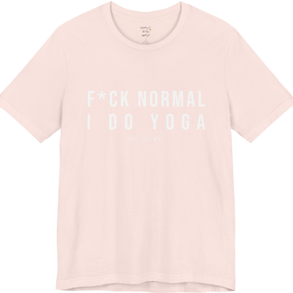Bold yoga slogan tee in Soft Pink — Funny Yoga Shirts collection by Ramro Yoga Wear