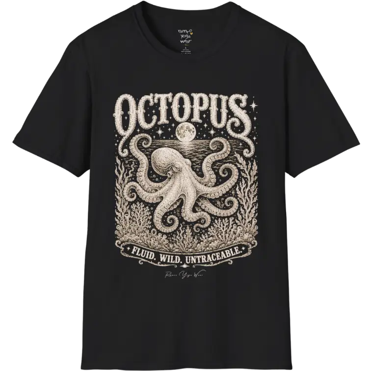 A short sleeved tee with an illustration of an Octopus, and the T-Shirt is flat laid — vintage engraved octopus graphic tee by Ramro Yoga Wear in black.