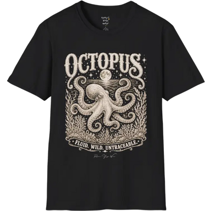 A short sleeved tee with an illustration of an Octopus, and the T-Shirt is flat laid — vintage engraved octopus graphic tee by Ramro Yoga Wear in black.
