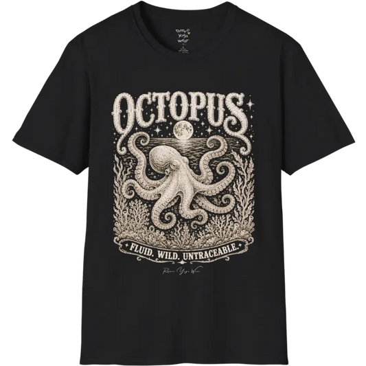 A short sleeved tee with an illustration of an Octopus, and the T-Shirt is flat laid — vintage engraved octopus graphic tee by Ramro Yoga Wear in black.