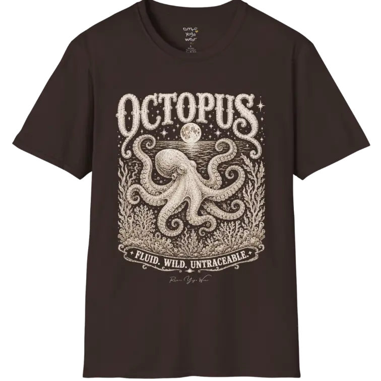 A short sleeved tee with an illustration of an Octopus, and the T-Shirt is flat laid — vintage engraved octopus graphic tee by Ramro Yoga Wear in Dark Chocolate
