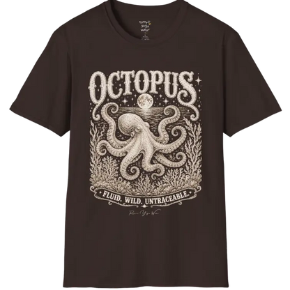 A short sleeved tee with an illustration of an Octopus, and the T-Shirt is flat laid — vintage engraved octopus graphic tee by Ramro Yoga Wear in Dark Chocolate