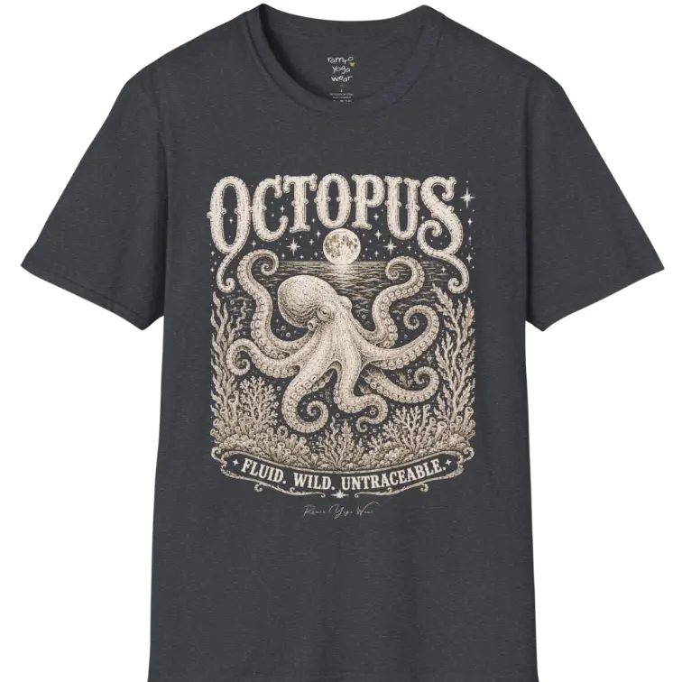 A short sleeved tee with an illustration of an Octopus, and the T-Shirt is flat laid — vintage engraved octopus graphic tee by Ramro Yoga Wear in Dark Heather Grey