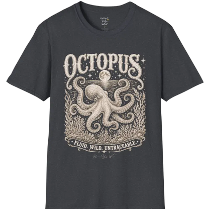 A short sleeved tee with an illustration of an Octopus, and the T-Shirt is flat laid — vintage engraved octopus graphic tee by Ramro Yoga Wear in Dark Heather Grey