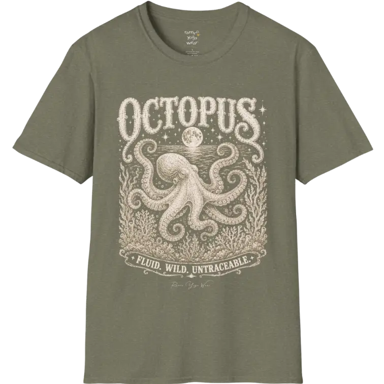 A short sleeved tee with an illustration of an Octopus, and the T-Shirt is flat laid — vintage engraved octopus graphic tee by Ramro Yoga Wear in Heather Military Green
