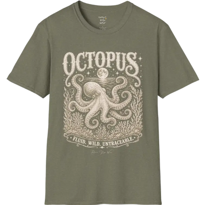 A short sleeved tee with an illustration of an Octopus, and the T-Shirt is flat laid — vintage engraved octopus graphic tee by Ramro Yoga Wear in Heather Military Green
