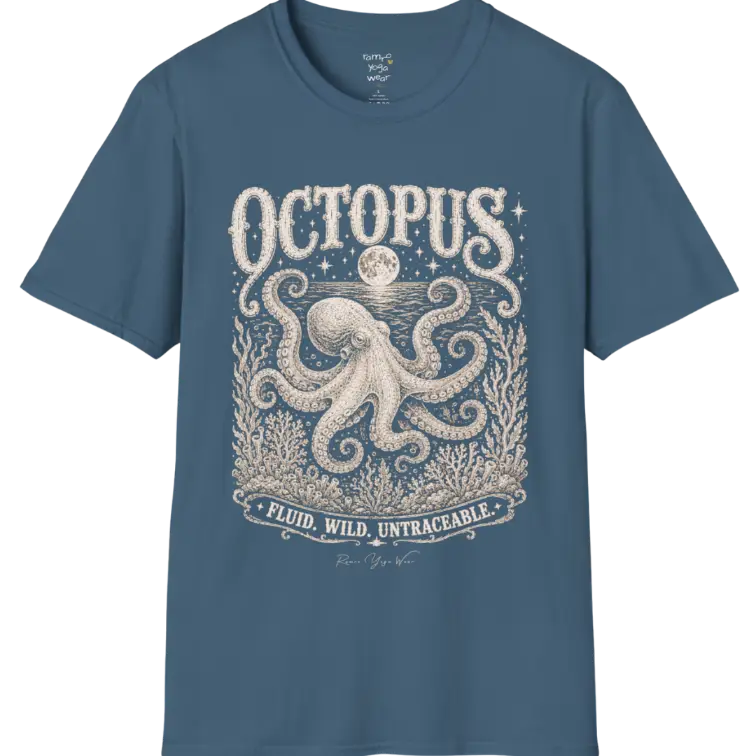 A short sleeved tee with an illustration of an Octopus, and the T-Shirt is flat laid — vintage engraved octopus graphic tee by Ramro Yoga Wear in Indigo Blue