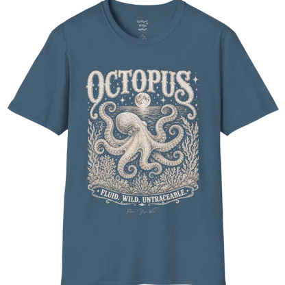 A short sleeved tee with an illustration of an Octopus, and the T-Shirt is flat laid — vintage engraved octopus graphic tee by Ramro Yoga Wear in Indigo Blue