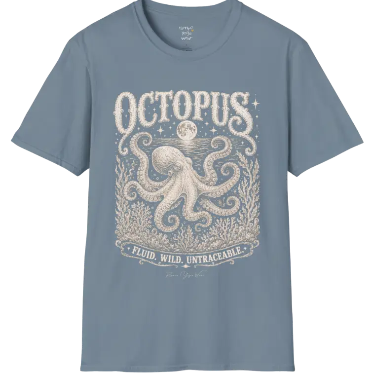 A short sleeved tee with an illustration of an Octopus, and the T-Shirt is flat laid — vintage engraved octopus graphic tee by Ramro Yoga Wear in Stone Blue. 