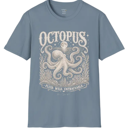 A short sleeved tee with an illustration of an Octopus, and the T-Shirt is flat laid — vintage engraved octopus graphic tee by Ramro Yoga Wear in Stone Blue. 