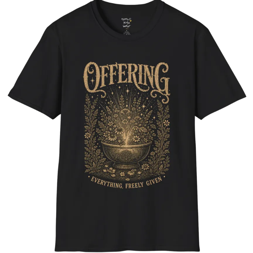 A short sleeved tee with the design of a stone bowl overflowing with wildflowers and soft light — Sacred Thread collection by Ramro Yoga Wear in Black