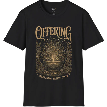 A short sleeved tee with the design of a stone bowl overflowing with wildflowers and soft light — Sacred Thread collection by Ramro Yoga Wear in Black