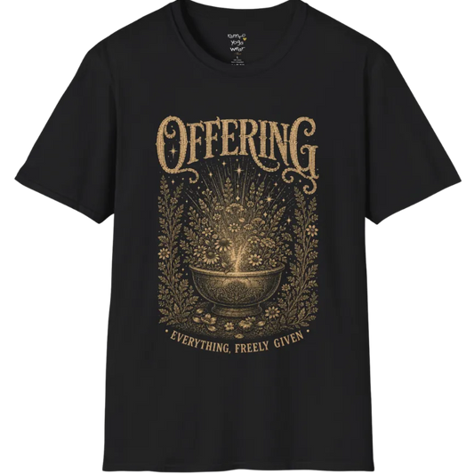 A short sleeved tee with the design of a stone bowl overflowing with wildflowers and soft light — Sacred Thread collection by Ramro Yoga Wear in Black