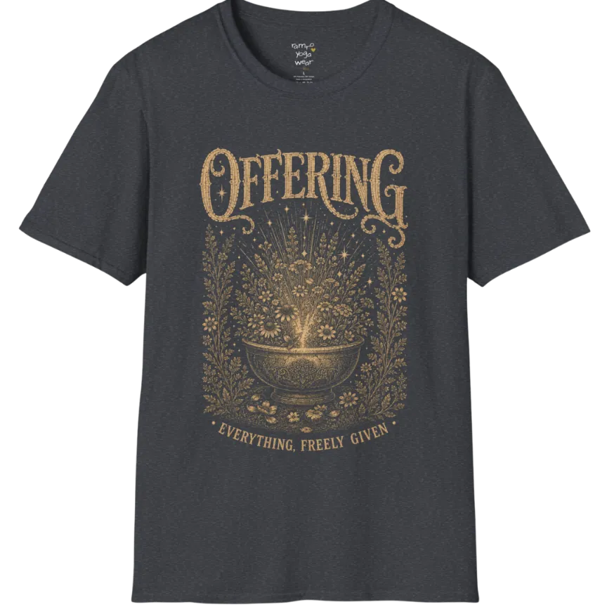 A short sleeved tee with the design of a stone bowl overflowing with wildflowers and soft light — Sacred Thread collection by Ramro Yoga Wear in Dark Heather Grey