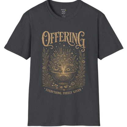 A short sleeved tee with the design of a stone bowl overflowing with wildflowers and soft light — Sacred Thread collection by Ramro Yoga Wear in Dark Heather Grey