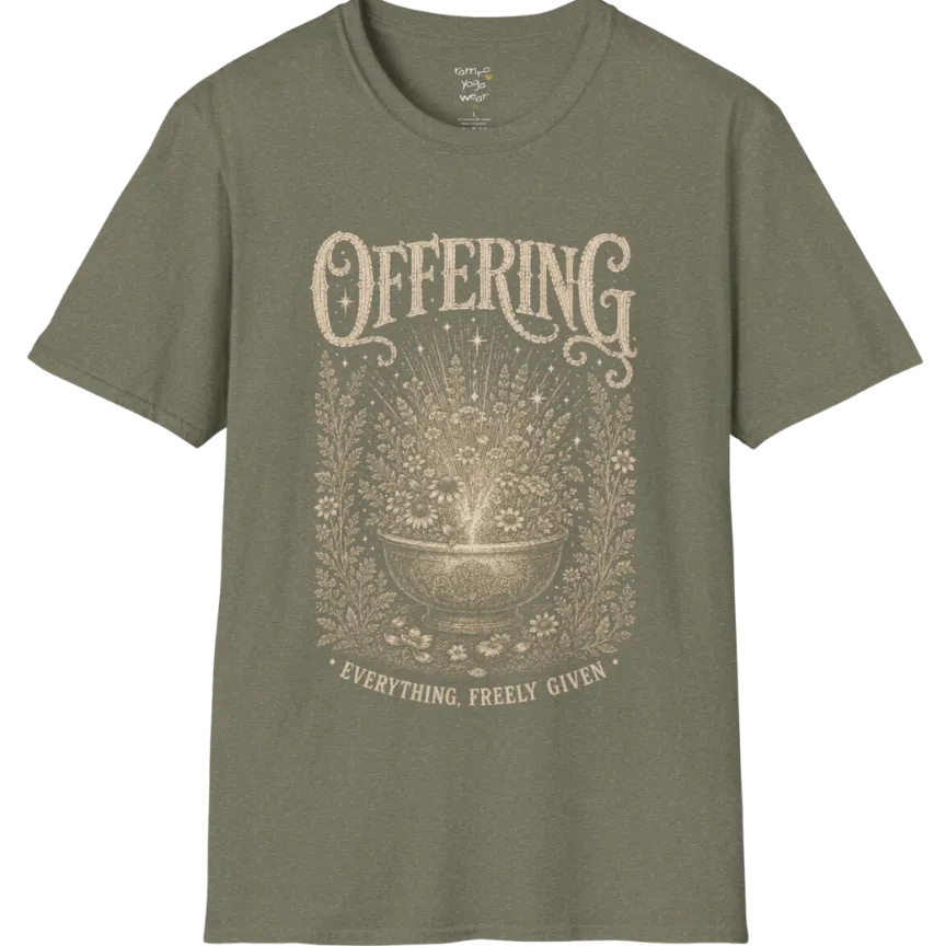 A short sleeved tee with the design of a stone bowl overflowing with wildflowers and soft light — Sacred Thread collection by Ramro Yoga Wear in Heather Military Green