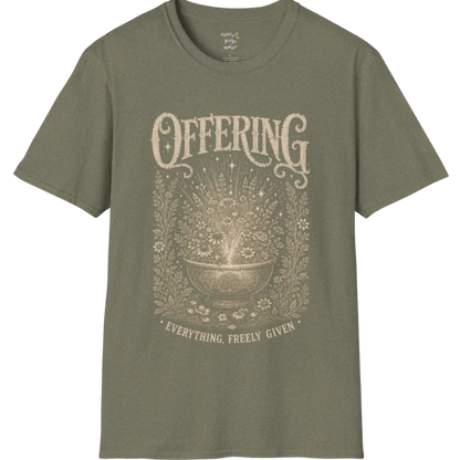 A short sleeved tee with the design of a stone bowl overflowing with wildflowers and soft light — Sacred Thread collection by Ramro Yoga Wear in Heather Military Green
