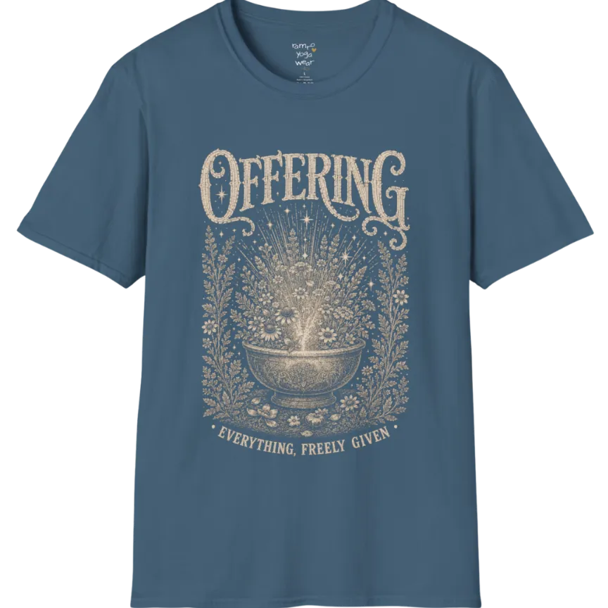 A short sleeved tee with the design of a stone bowl overflowing with wildflowers and soft light — Sacred Thread collection by Ramro Yoga Wear in Indigo Blue
