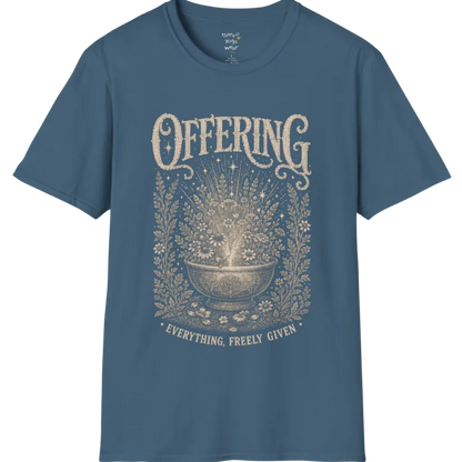 A short sleeved tee with the design of a stone bowl overflowing with wildflowers and soft light — Sacred Thread collection by Ramro Yoga Wear in Indigo Blue