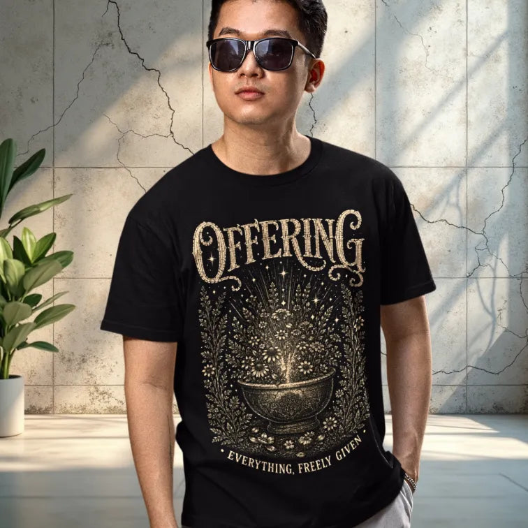 Person wearing Offering black tee sacred yoga shirt outdoors against a stone wall — Sacred Thread collection by Ramro Yoga Wear