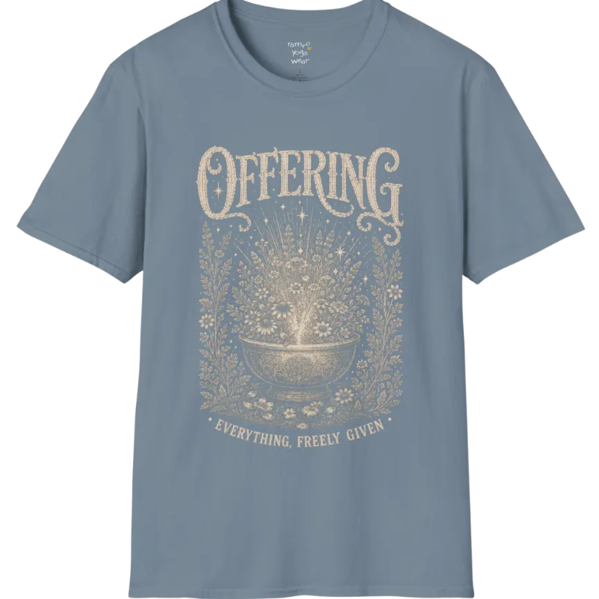 A short sleeved tee with the design of a stone bowl overflowing with wildflowers and soft light — Sacred Thread collection by Ramro Yoga Wear in Stone Blue