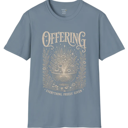 A short sleeved tee with the design of a stone bowl overflowing with wildflowers and soft light — Sacred Thread collection by Ramro Yoga Wear in Stone Blue