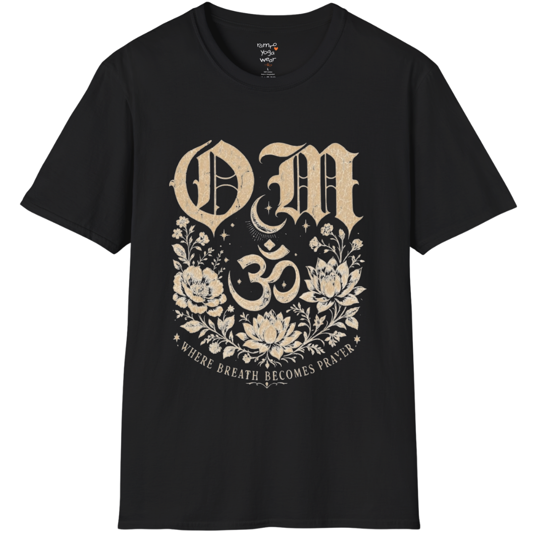 Black Om T-Shirt featuring sacred Om symbol artwork with grounded spiritual yoga-inspired styling.