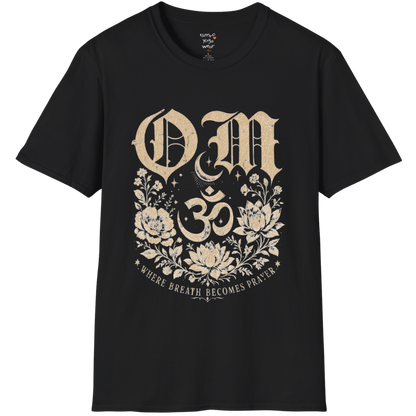 Black Om T-Shirt featuring sacred Om symbol artwork with grounded spiritual yoga-inspired styling.