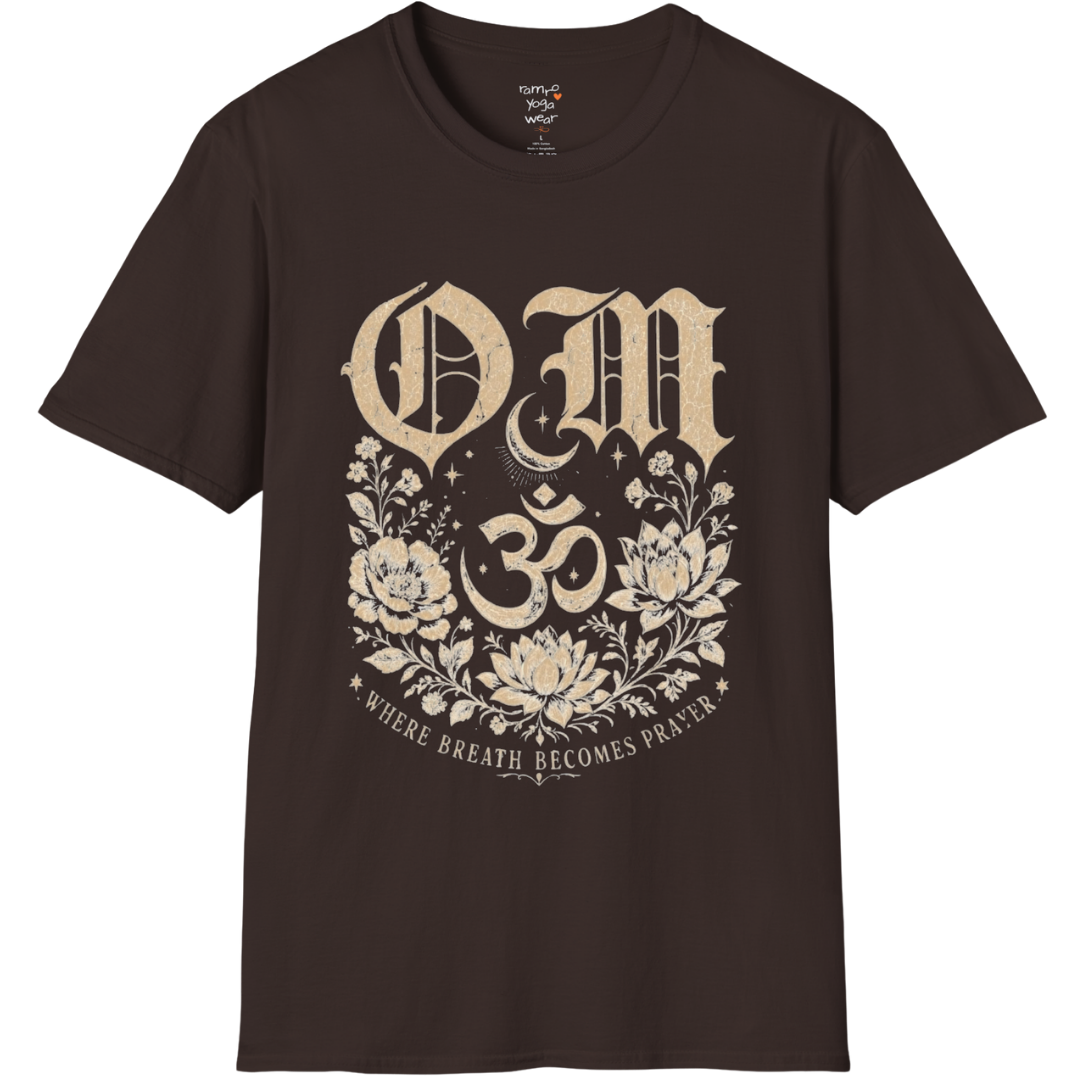 Dark Chocolate Om T-Shirt with vintage Om symbol graphic and calm mindful aesthetic.