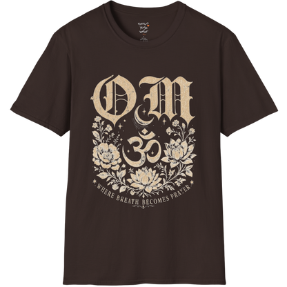 Dark Chocolate Om T-Shirt with vintage Om symbol graphic and calm mindful aesthetic.