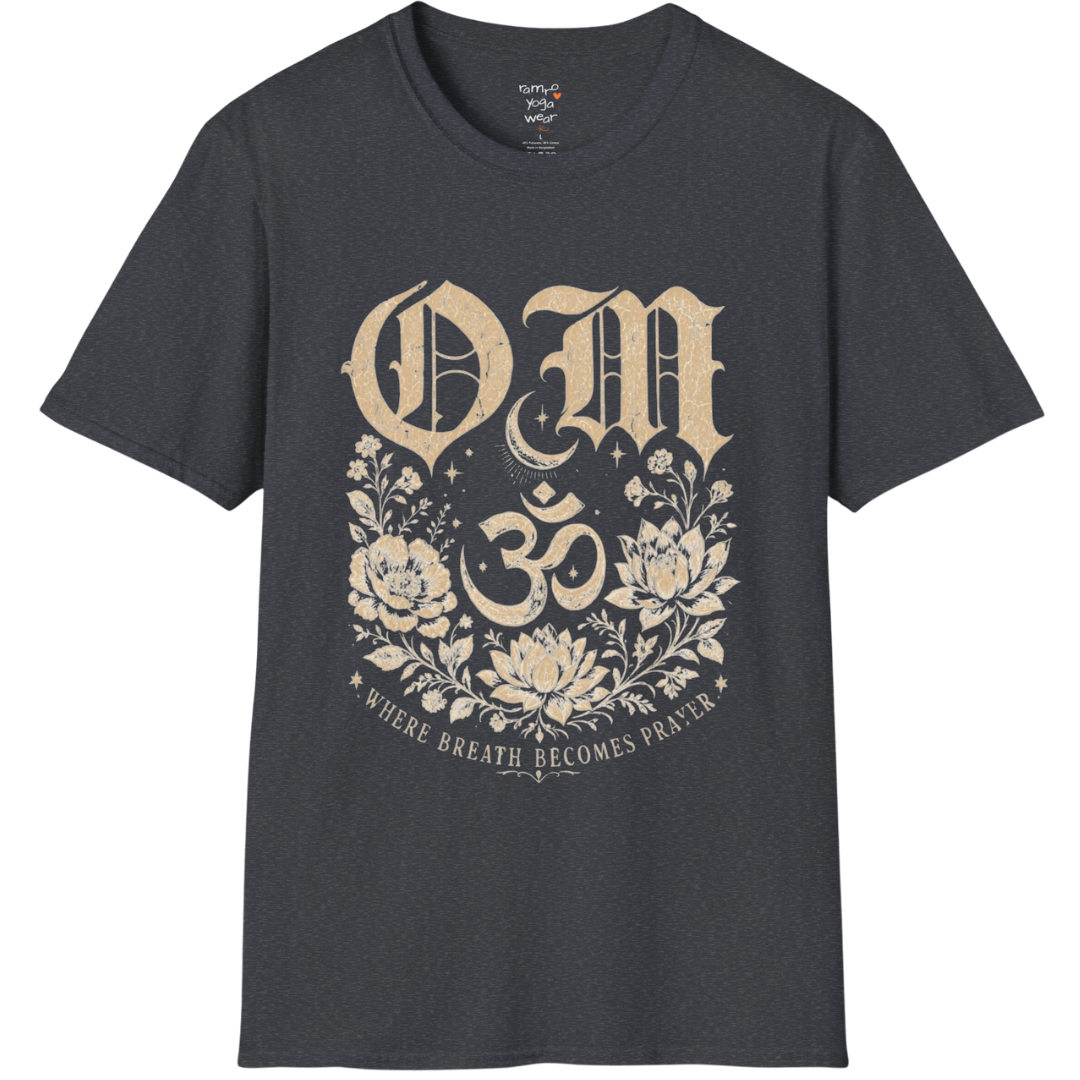 Dark Heather Grey Om T-Shirt featuring celestial Om artwork with relaxed spiritual energy.