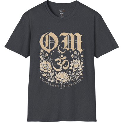 Dark Heather Grey Om T-Shirt featuring celestial Om artwork with relaxed spiritual energy.
