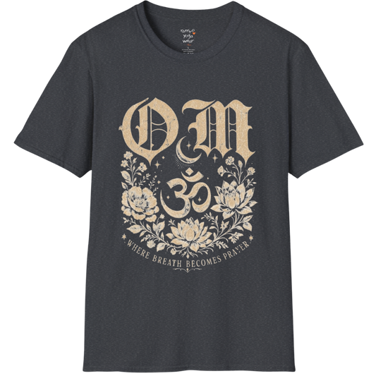 Dark Heather Grey Om T-Shirt featuring celestial Om artwork with relaxed spiritual energy.