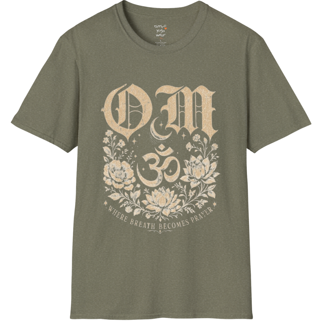 Heather Military Green Om T-Shirt with sacred Om symbol and earthy yoga-inspired styling.