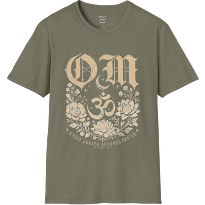 Heather Military Green Om T-Shirt with sacred Om symbol and earthy yoga-inspired styling.