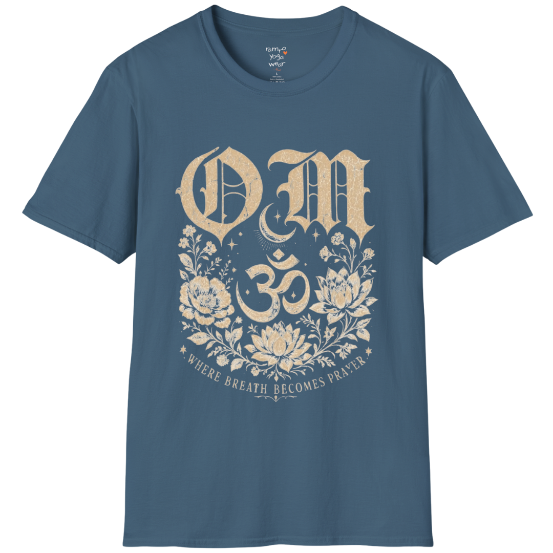 Indigo Blue Om T-Shirt featuring sacred Om symbol design with calm spiritual energy.