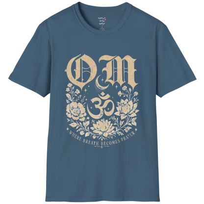 Indigo Blue Om T-Shirt featuring sacred Om symbol design with calm spiritual energy.