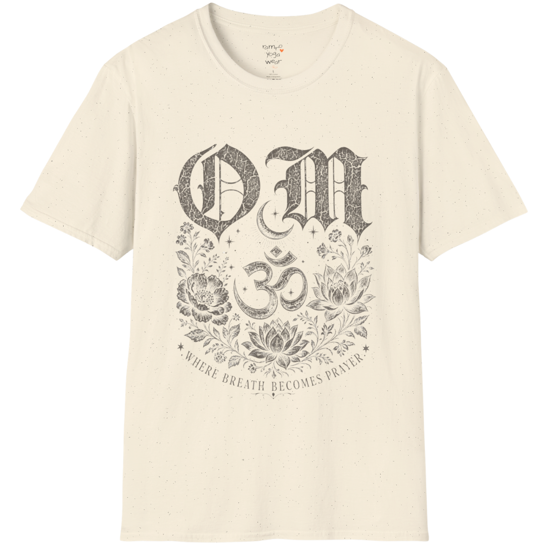 Natural Om T-Shirt featuring vintage Om symbol graphic with soft spiritual aesthetic.
