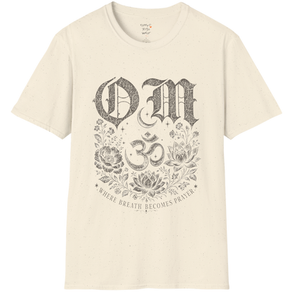 Natural Om T-Shirt featuring vintage Om symbol graphic with soft spiritual aesthetic.
