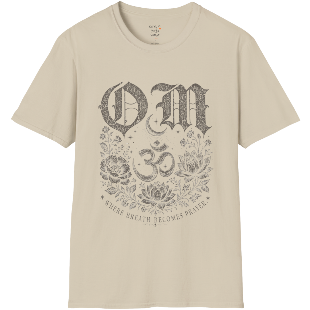 Sand Om T-Shirt with sacred Om artwork and grounded yoga-inspired styling.
