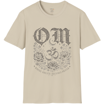 Sand Om T-Shirt with sacred Om artwork and grounded yoga-inspired styling.