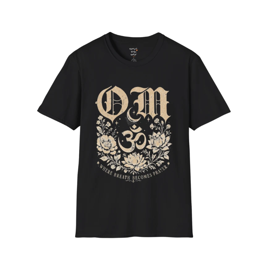 Black Om T-Shirt featuring sacred Om symbol artwork with grounded spiritual yoga-inspired styling.